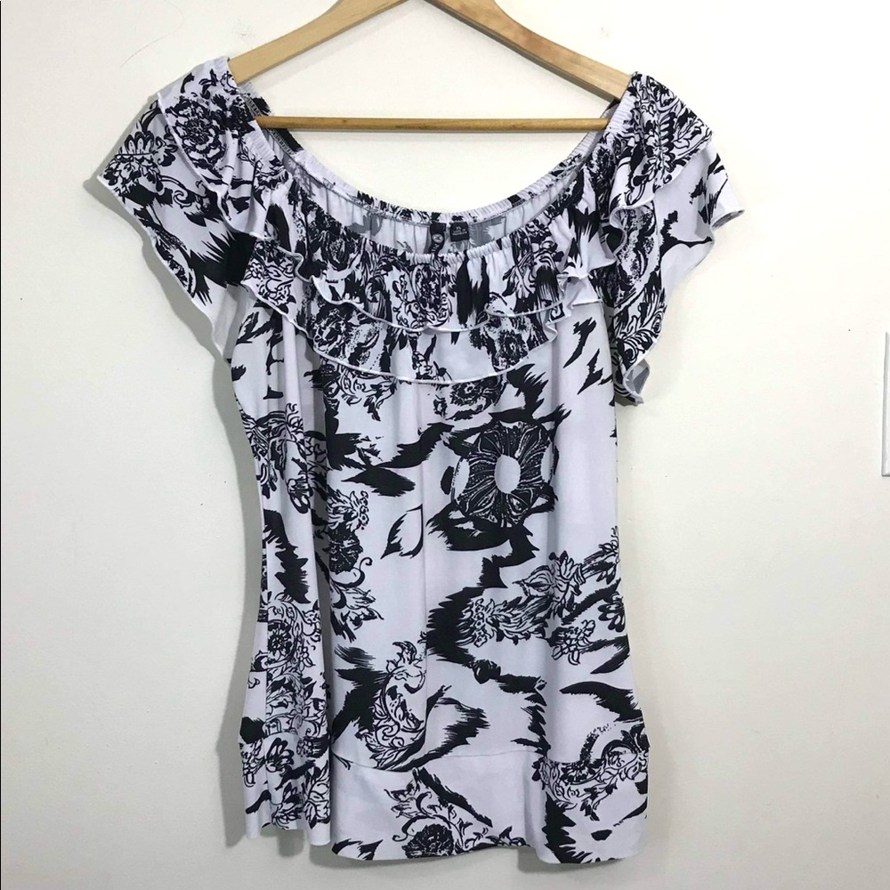 Milano Size XL Floral White Black Off the Shoulder Ruffle Top Blouse